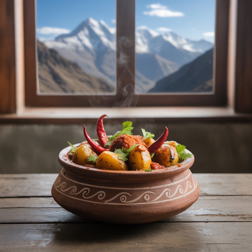 Clay pot curry with stunning mountain backdrop