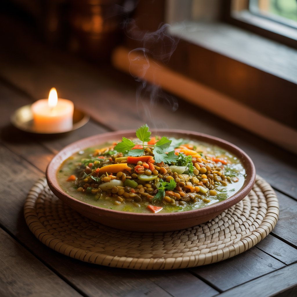 Traditional lentil curry in earthen bowl