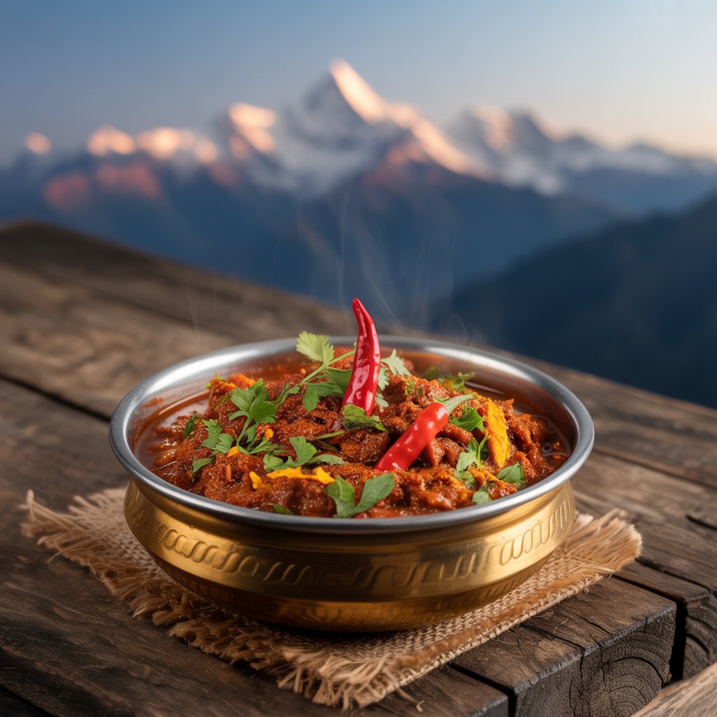 Steaming spicy curry with Himalayan views