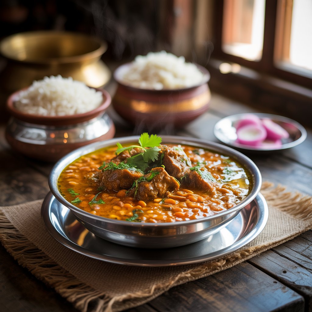 Complete traditional thali with rice and curries